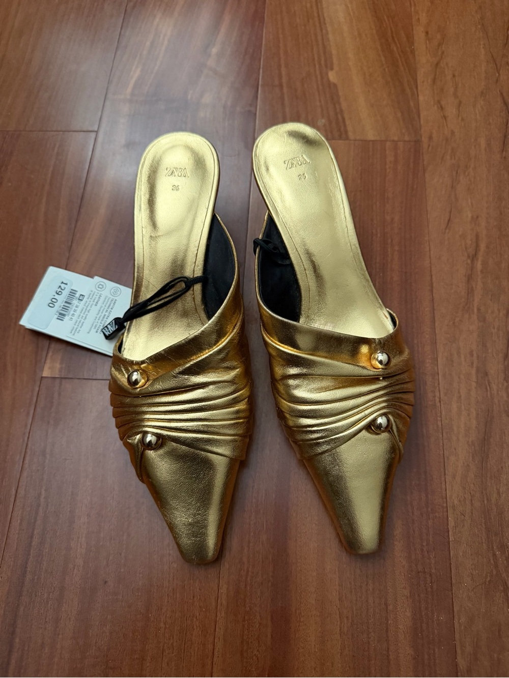 Zara Leather Metallic Gold Pointed Slip-On Mules